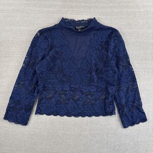 GUESS Navy Blue Lace Crop Holiday Glam Y2K Mock Nk Sheer Fitted Top Fairy Grunge